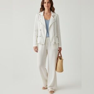 Mur Mur white studded linen double breasted moto military style zipper jacket